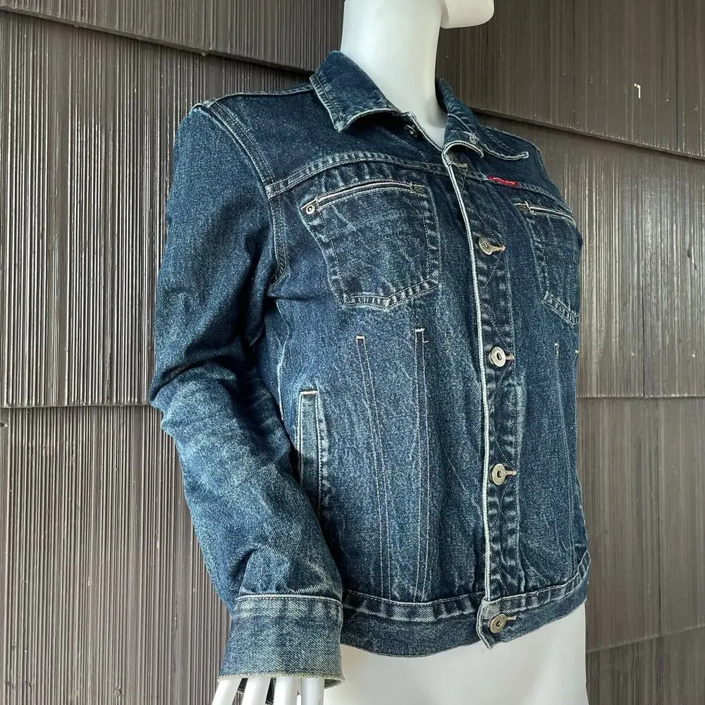 🔥Vintage Nautica Y2K Trucker Grunge Dark Wash Blue Denim Jacket Women Size M-L - Picture 4 of 15